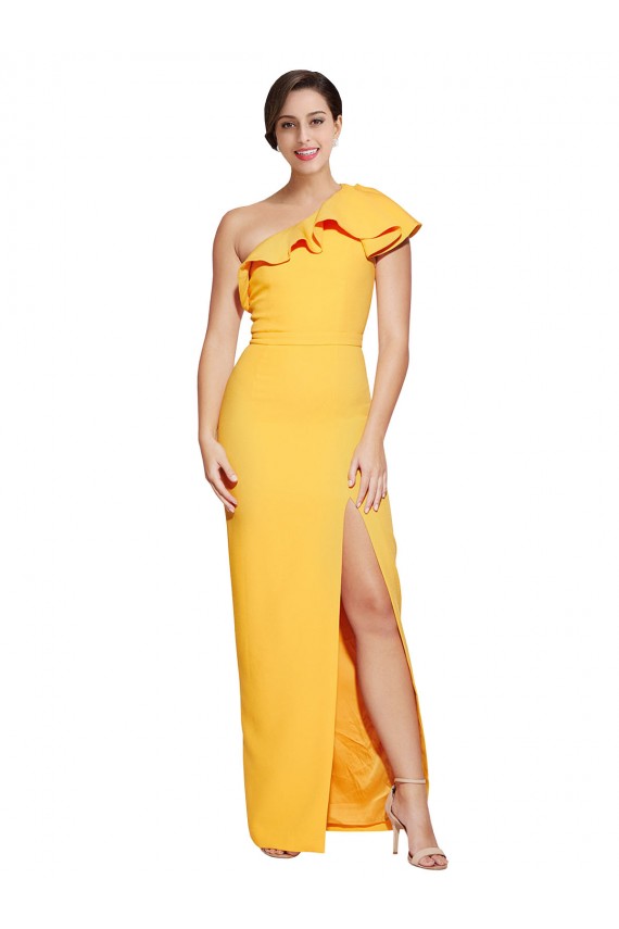 Crepe Esticado Um Ombro Sem Mangas Comprimento Chão Longo Bainha Vestidos de Madrinha / Vestidos de Noite / Vestidos de Festa Baratos