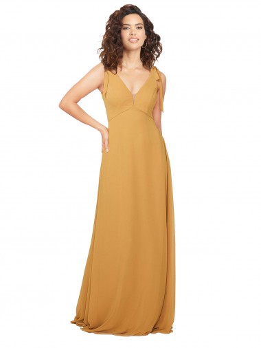 Chiffon Decote V Sem Mangas Buraco da fechadura Comprimento Chão Linha A Açafrão Vestidos de Madrinha Baratos