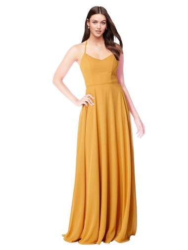 Chiffon Decote V Sem Mangas Comprimento Chão Açafrão Linha A Vestidos de Madrinha Baratos