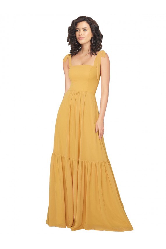 Chiffon Decote Quadrado Sem Mangas Comprimento Chão Linha A Vestidos de Madrinha Baratos