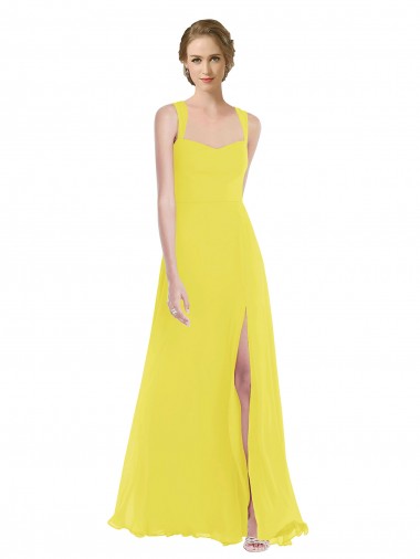 Chiffon Alças finas Sem Mangas Comprimento Chão Amarelo Linha A Vestidos de Madrinha Baratos