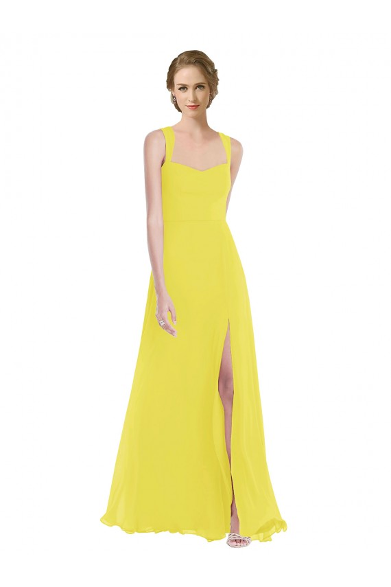 Chiffon Alças finas Sem Mangas Comprimento Chão Amarelo Linha A Vestidos de Madrinha Baratos