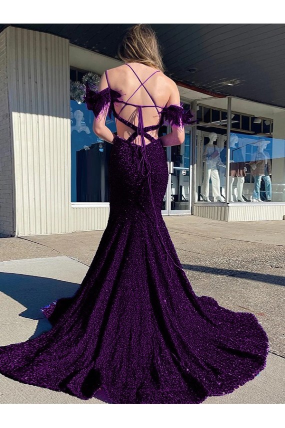 Lantejoulas Veludo Alças finas Sem Mangas Comboio Corte Vestidos de Festa Baratos