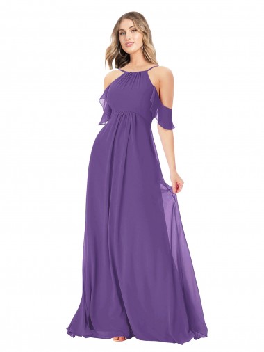 Chiffon Fora do Ombro Ombro Frio Comprimento Chão Linha A Vestidos de Madrinha Baratos