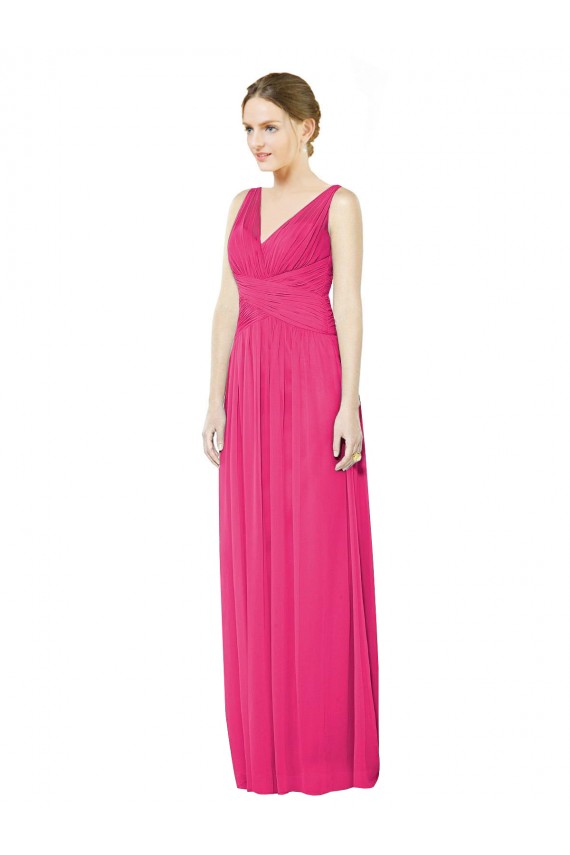 Chiffon Decote V Sem Mangas Costas em V Comprimento Chão Azaléia Linha A Vestidos de Madrinha Baratos