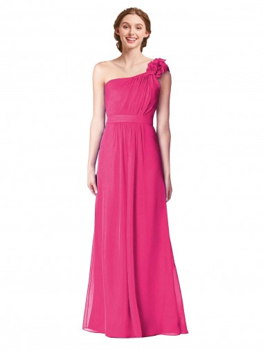 Chiffon Um Ombro Sem Mangas Comprimento Chão Azaléia Linha A Vestidos de Madrinha Baratos