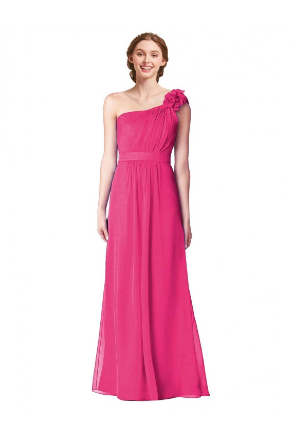 Chiffon Um Ombro Sem Mangas Comprimento Chão Azaléia Linha A Vestidos de Madrinha Baratos