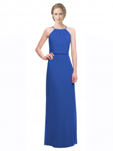 Chiffon Alças finas Sem Mangas Lombar Comprimento Chão Linha A Azul 135# Vestidos de Madrinha Baratos