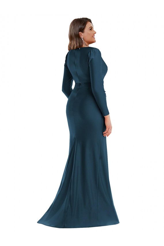 Cetim Sedoso Decote V Mangas Compridas Comprimento Chão Vestidos de Madrinha / Vestidos de Noite / Vestidos de Festa Baratos