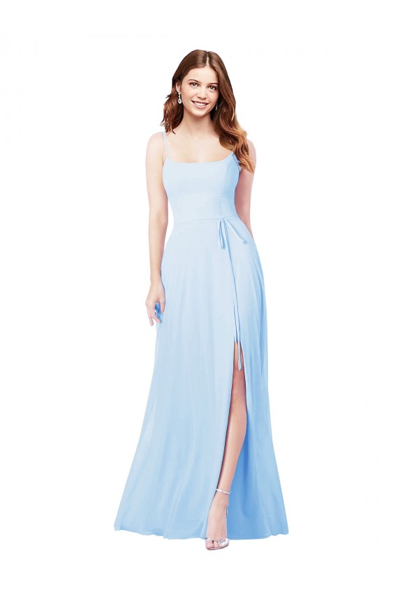 Chiffon Alças finas Sem Mangas Comprimento Chão Bainha Azul Céu Claro Vestidos de Madrinha Baratos