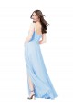 Chiffon Alças finas Sem Mangas Comprimento Chão Bainha Azul Céu Claro Vestidos de Madrinha Baratos