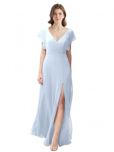 Chiffon Decote V Mangas Esvoaçantes Abrir de volta Comprimento Chão Vestidos de Madrinha Baratos
