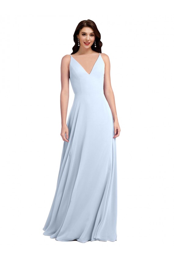 Chiffon Decote V Sem Mangas Costas em V Comprimento Chão Linha A Vestidos de Festa Baratos