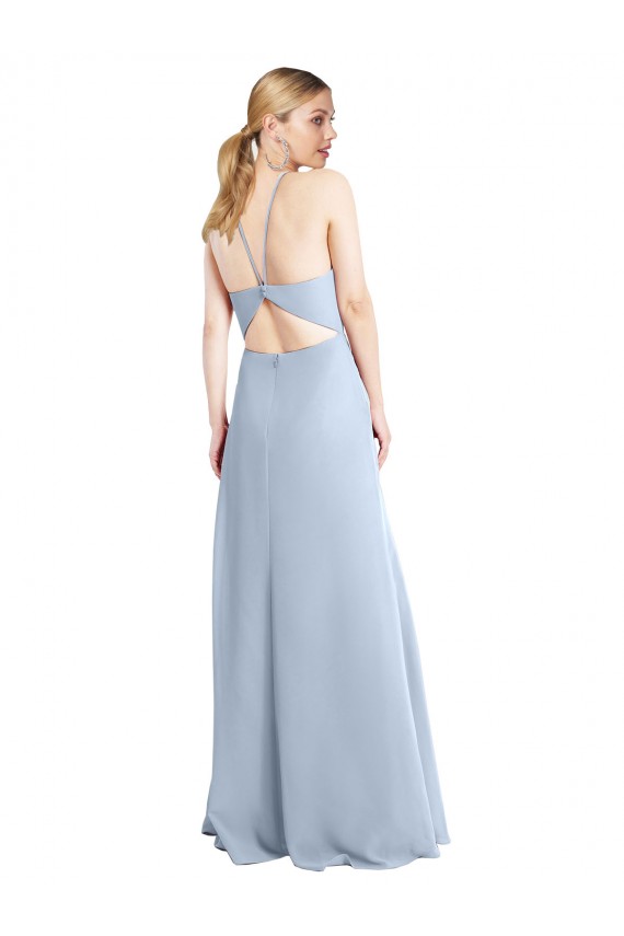 Chiffon Cabeçada Sem Mangas Criss Cruz Comprimento Chão Linha A Azul Céu Claro Vestidos de Madrinha Baratos