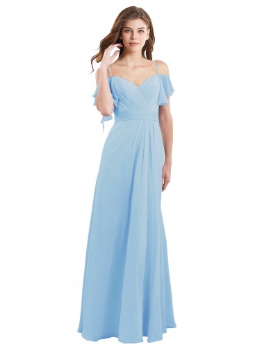 Chiffon Alças finas Ombro Frio Lombar Comprimento Chão Linha A Vestidos de Madrinha Baratos
