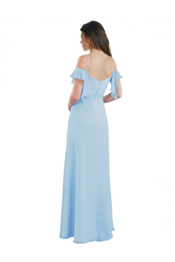 Chiffon Alças finas Ombro Frio Lombar Comprimento Chão Linha A Vestidos de Madrinha Baratos