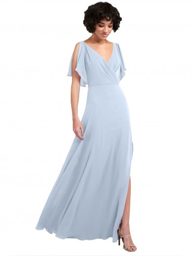 Chiffon Decote V Mangas Esvoaçantes, Mangas Divididas Costas em V Comprimento Chão Vestidos de Madrinha Baratos