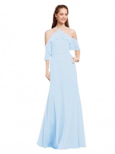 Chiffon Cabeçada Ombro Frio Comprimento Chão Longo Linha A Vestidos de Madrinha Baratos