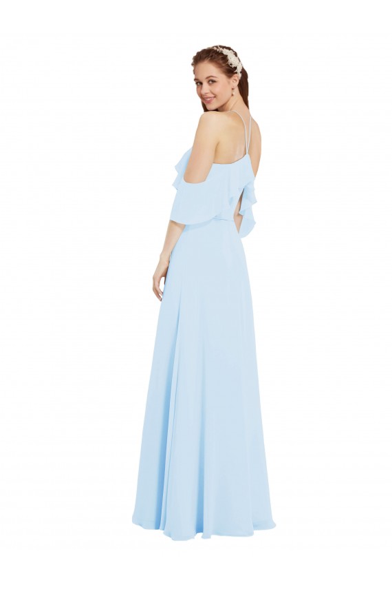 Chiffon Cabeçada Ombro Frio Comprimento Chão Longo Linha A Vestidos de Madrinha Baratos