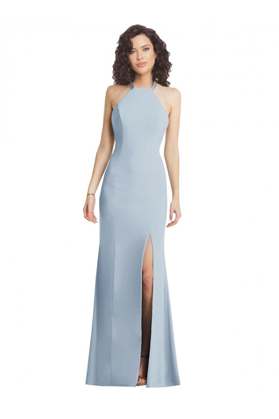 Crepe Esticado Cabeçada Sem Mangas Criss Cruz Comprimento Chão Trombeta Longo Vestidos de Madrinha / Vestidos de Noite / Vestidos de Festa Baratos