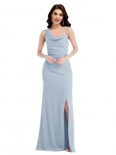 Crepe Esticado Um Ombro Sem Mangas Comprimento Chão Azul Céu Claro Longo Vestidos de Madrinha / Vestidos de Festa Baratos
