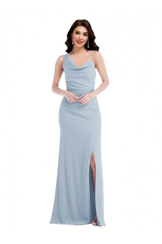 Crepe Esticado Um Ombro Sem Mangas Comprimento Chão Azul Céu Claro Longo Vestidos de Madrinha / Vestidos de Festa Baratos