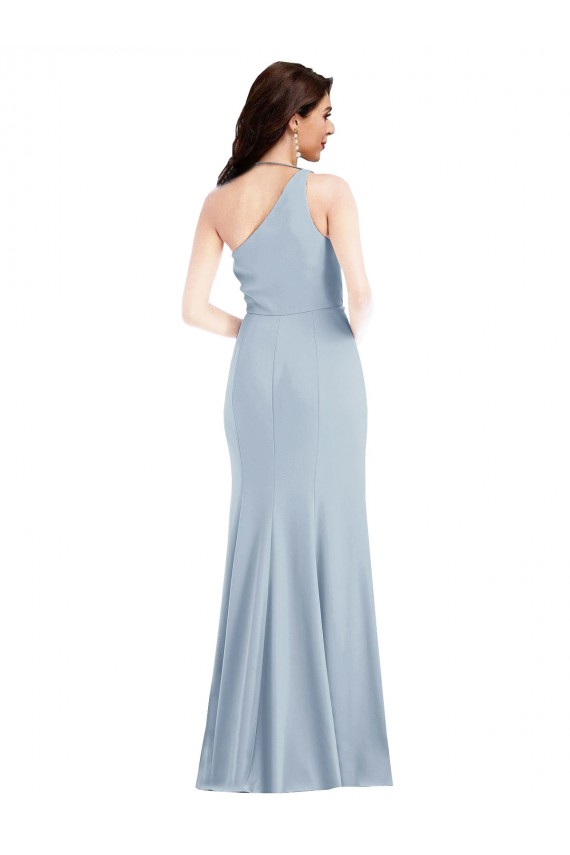 Crepe Esticado Um Ombro Sem Mangas Comprimento Chão Azul Céu Claro Longo Vestidos de Madrinha / Vestidos de Festa Baratos