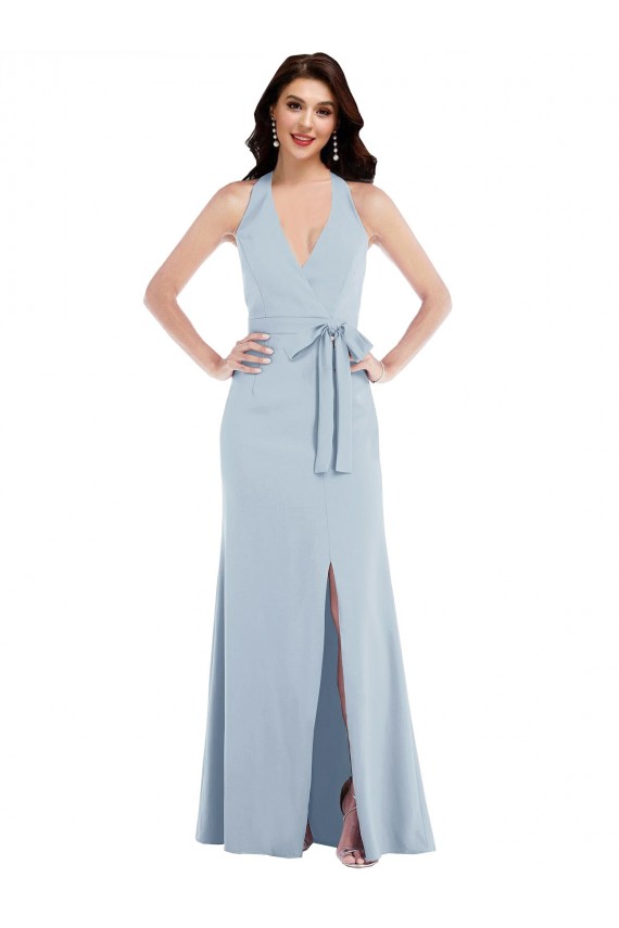 Crepe Esticado Cabeçada Sem Mangas Abrir de volta Comprimento Chão Linha A Longo Vestidos de Madrinha / Vestidos de Noite / Vestidos de Festa Baratos