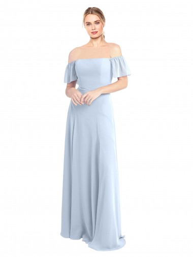 Chiffon Fora do Ombro Mangas Esvoaçantes Costas em V Comprimento Chão Vestidos de Madrinha Baratos