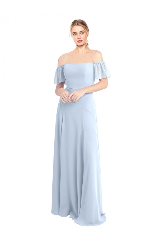 Chiffon Fora do Ombro Mangas Esvoaçantes Costas em V Comprimento Chão Vestidos de Madrinha Baratos