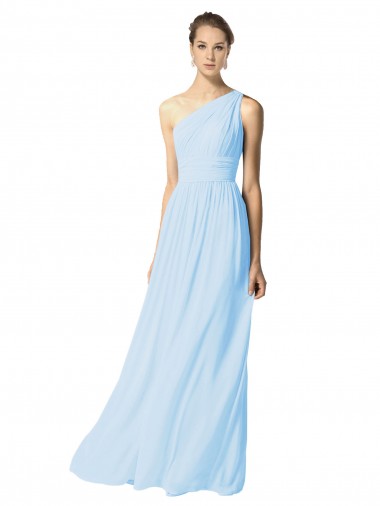 Chiffon Um Ombro Sem Mangas Comprimento Chão Azul Céu Claro Linha A Vestidos de Madrinha Baratos