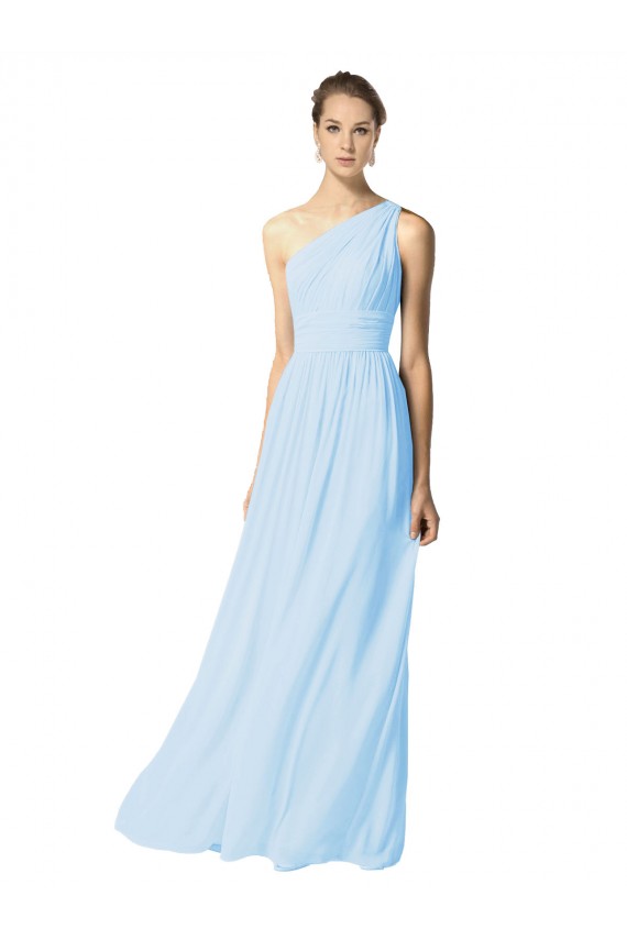 Chiffon Um Ombro Sem Mangas Comprimento Chão Azul Céu Claro Linha A Vestidos de Madrinha Baratos