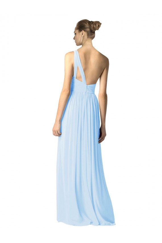 Chiffon Um Ombro Sem Mangas Comprimento Chão Azul Céu Claro Linha A Vestidos de Madrinha Baratos