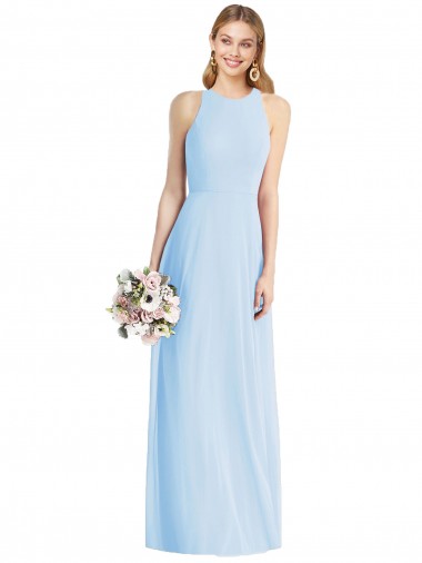 Chiffon Cabeçada Sem Mangas Comprimento Chão Azul Céu Claro Longo Vestidos de Madrinha Baratos