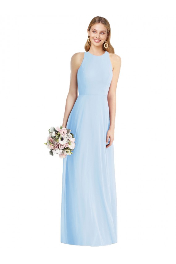 Chiffon Cabeçada Sem Mangas Comprimento Chão Azul Céu Claro Longo Vestidos de Madrinha Baratos