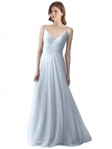 Tule Alças finas Sem Mangas Comprimento Chão Vestidos de Festa / Vestidos de Madrinha Baratos