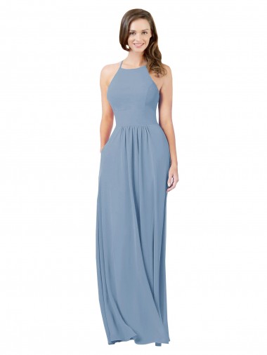 Chiffon Cabeçada Sem Mangas Buraco da fechadura Comprimento Chão Azul Empoeirado Linha A Vestidos de Madrinha Baratos