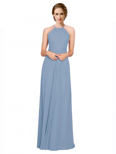 Chiffon Cabeçada Sem Mangas Criss Cruz Comprimento Chão Vestidos de Madrinha Baratos