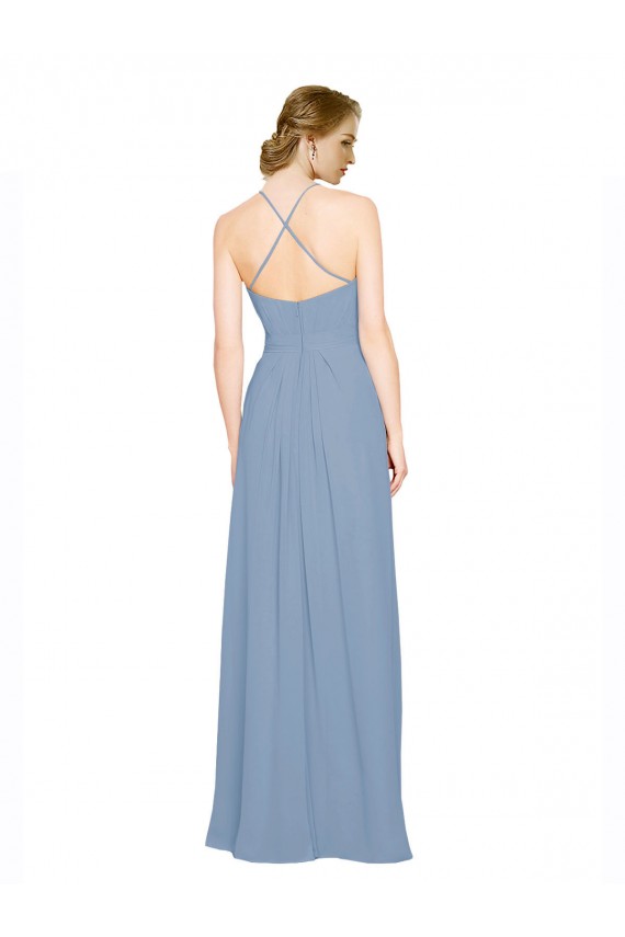 Chiffon Cabeçada Sem Mangas Criss Cruz Comprimento Chão Vestidos de Madrinha Baratos