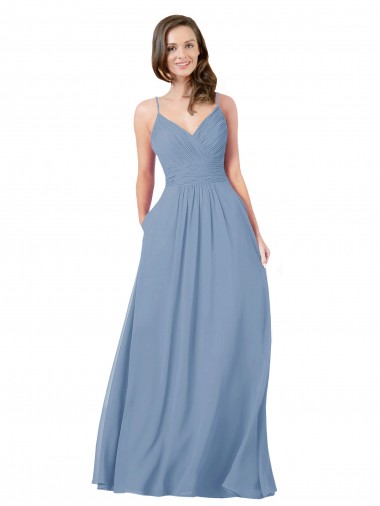 Chiffon Decote V Sem Mangas Criss Cruz Comprimento Chão Azul Empoeirado Vestidos de Madrinha Baratos