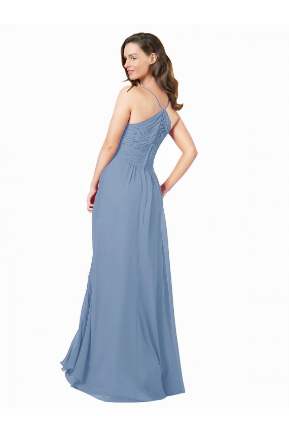 Chiffon Decote V Sem Mangas Criss Cruz Comprimento Chão Azul Empoeirado Vestidos de Madrinha Baratos
