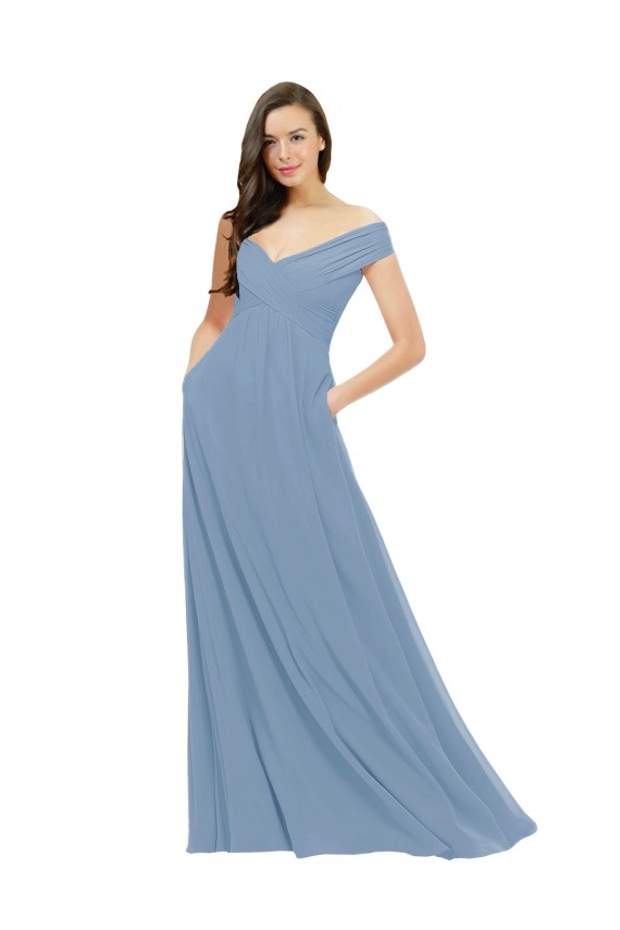 Chiffon Fora do Ombro Sem Mangas Comprimento Chão Vestido de Madrinha Baratos