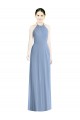 Chiffon Cabeçada Sem Mangas Lombar Comprimento Chão Azul Empoeirado Longo Vestidos de Madrinha Baratos