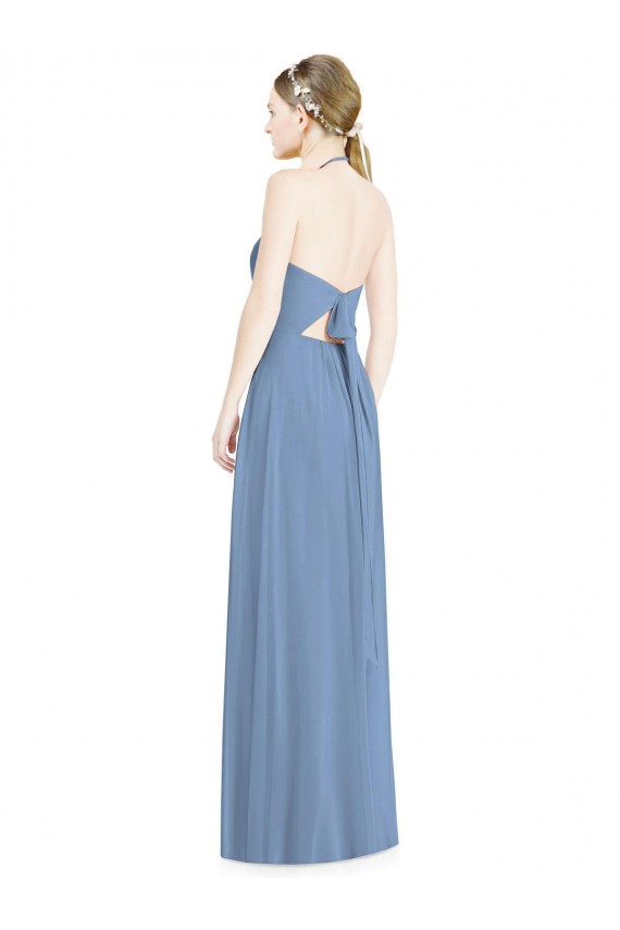 Chiffon Cabeçada Sem Mangas Lombar Comprimento Chão Azul Empoeirado Longo Vestidos de Madrinha Baratos