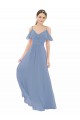 Chiffon Decote V Mangas Curtas Comprimento Chão Linha A Vestido de Madrinha Baratos