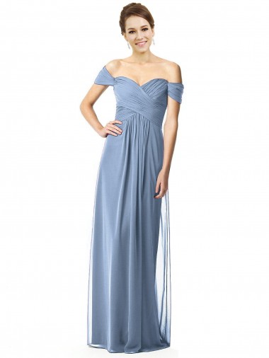 Chiffon Fora do Ombro Mangas Curtas Comprimento Chão Vestidos de Madrinha Baratos