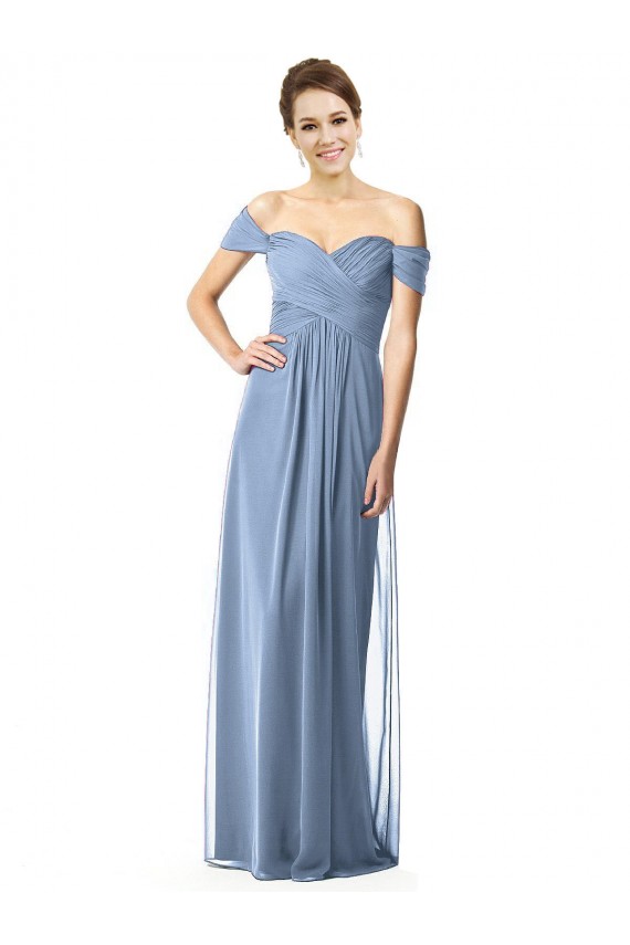 Chiffon Fora do Ombro Mangas Curtas Comprimento Chão Vestidos de Madrinha Baratos