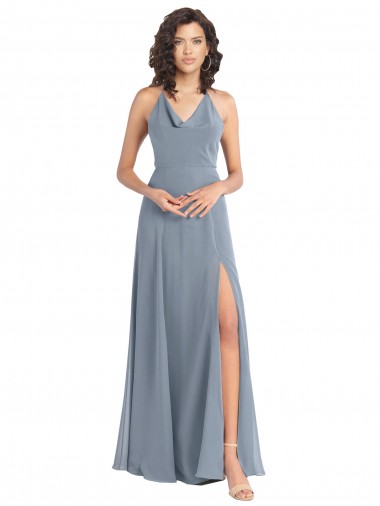 Chiffon Cabeçada Sem Mangas Costas em V Comprimento Chão Linha A Vestidos de Madrinha Baratos