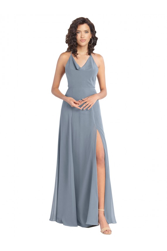Chiffon Cabeçada Sem Mangas Costas em V Comprimento Chão Linha A Vestidos de Madrinha Baratos