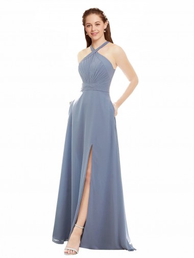 Chiffon Cabeçada Sem Mangas Comprimento Chão Longo Linha A Vestidos de Festa Baratos